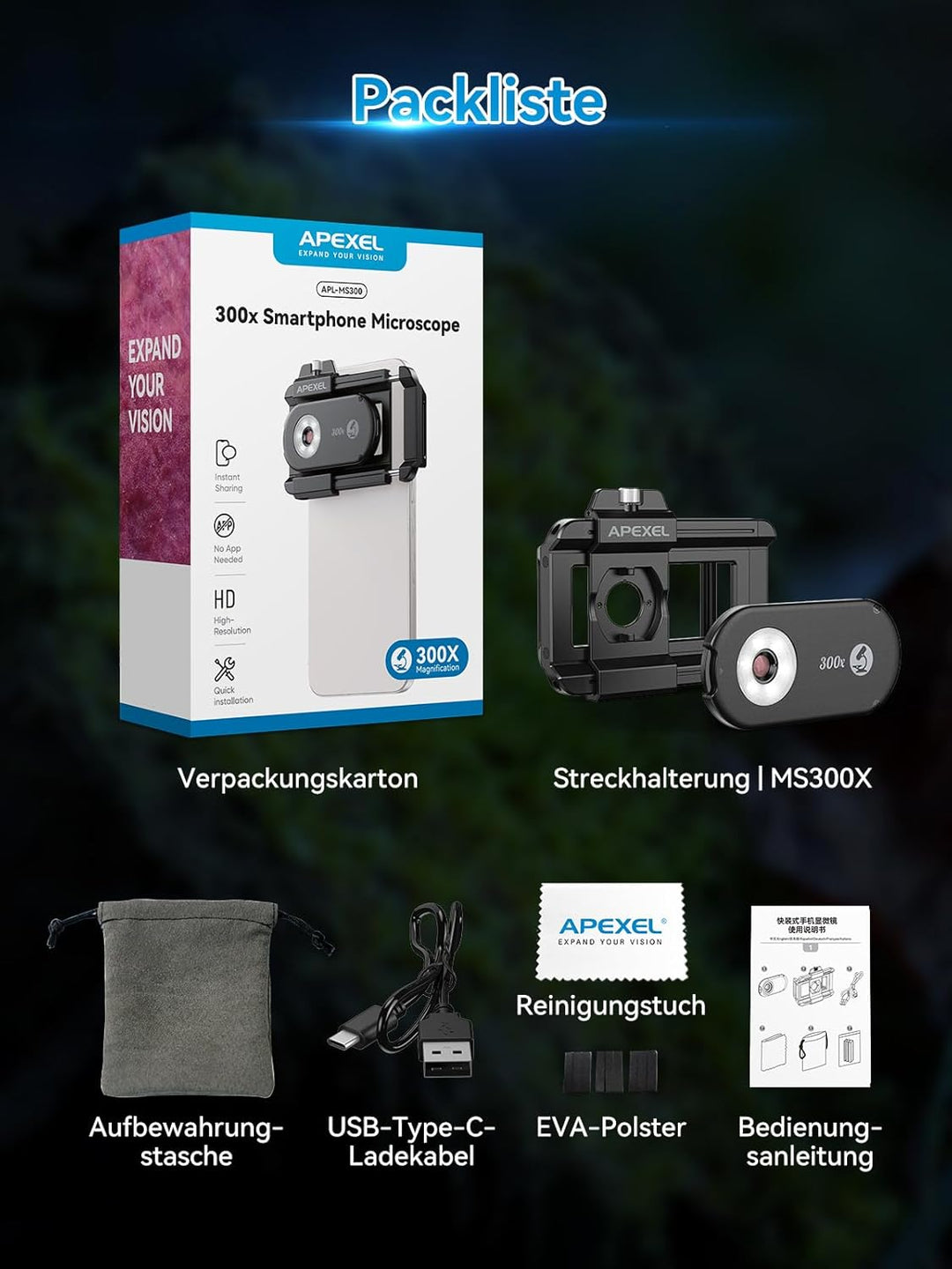 APEXEL 300X Smartphone Mikroskop - Professionelle Trichomanalyse & Mikrowelt Erkundung 300X Mikrosko