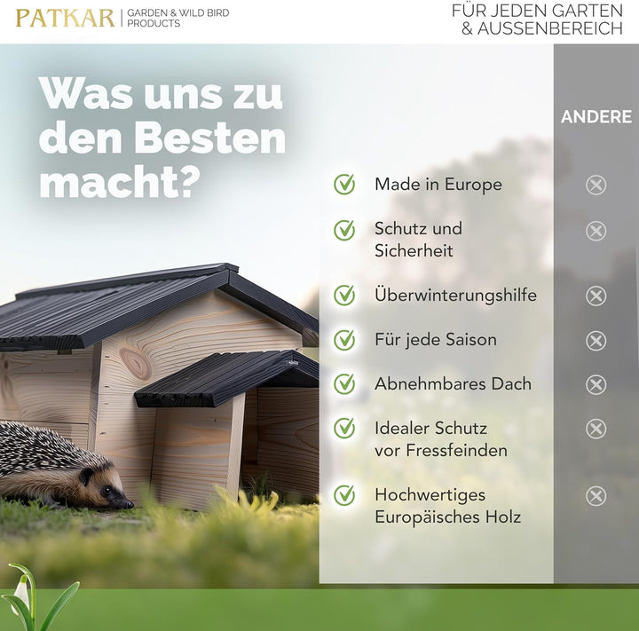 PATKAR Igelhaus Winterfest mit Boden [SCHÜTZT VOR FRESSFEINDEN] - Premium Igelfutterhaus (Made in Eu