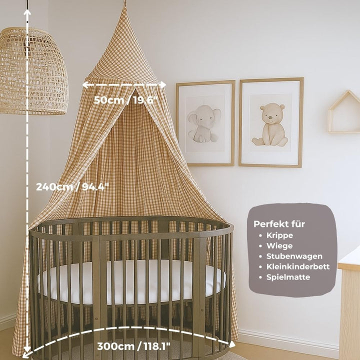Wonder Space Kinderbett-Himmel - Neutrales Beige Karomuster für Kinderzimmer | Dekoratives Baumwollz