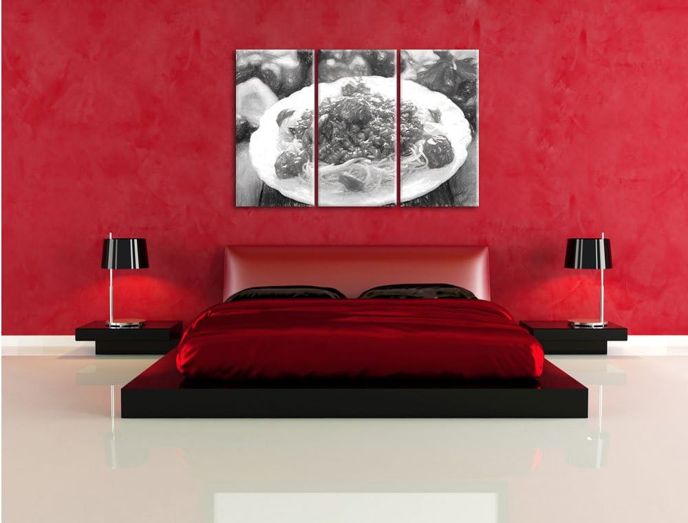 Pixxprint Spaghetti Bolognese auf dem Teller / 3-Teilig/Gesamtmass 120cm Leinwandbild bespannt auf H