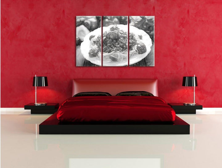 Pixxprint Spaghetti Bolognese auf dem Teller / 3-Teilig/Gesamtmass 120cm Leinwandbild bespannt auf H