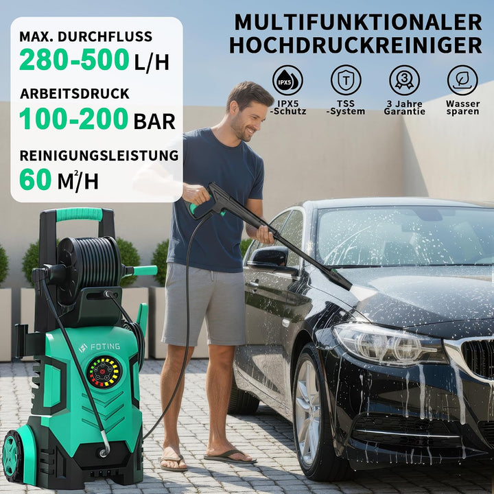 2026New Hochdruckreiniger Touchscreen 8-stufiger 200 Bar, 6-in-1-Düse, 90cm Gerätehöhe, Einstellbare