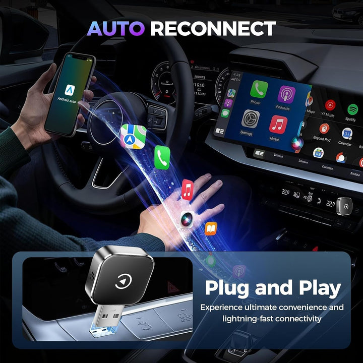 2026 Wireless Carplay & Android Auto Adapter 2-in-1, 2.4+5.0 GHz WiFi Android Auto Adapter, Plug and