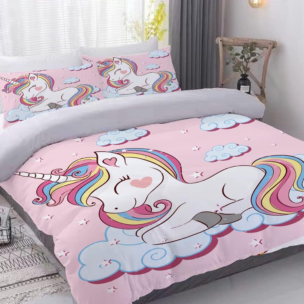 PQCXXA Kinder Einhorn Bettwäsche Mädchen-Bettwäsche Set Rosa 3D Cartoon Einhorn Bunt Blume drucken B