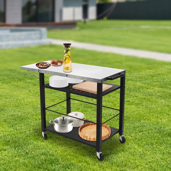 3-Etagen Servierwagen mit Klappbare Beistelltisch, Grilltisch Outdoor mit 4 Universal-Räder, Grillti