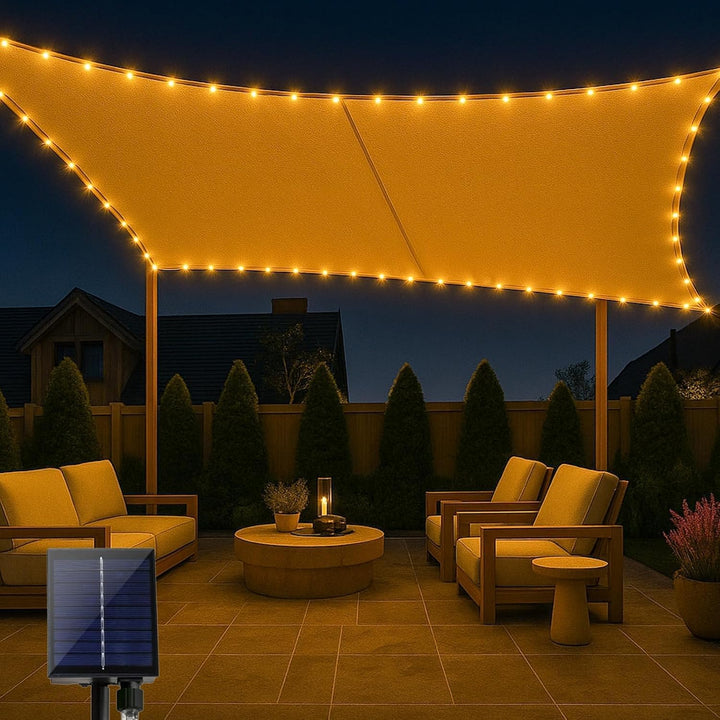 wasserdichte-Sonnensegel 3x4m mit eingebauter LED-Solar-Lichterkette, 98% UV-Schutz, reiBfest, wette