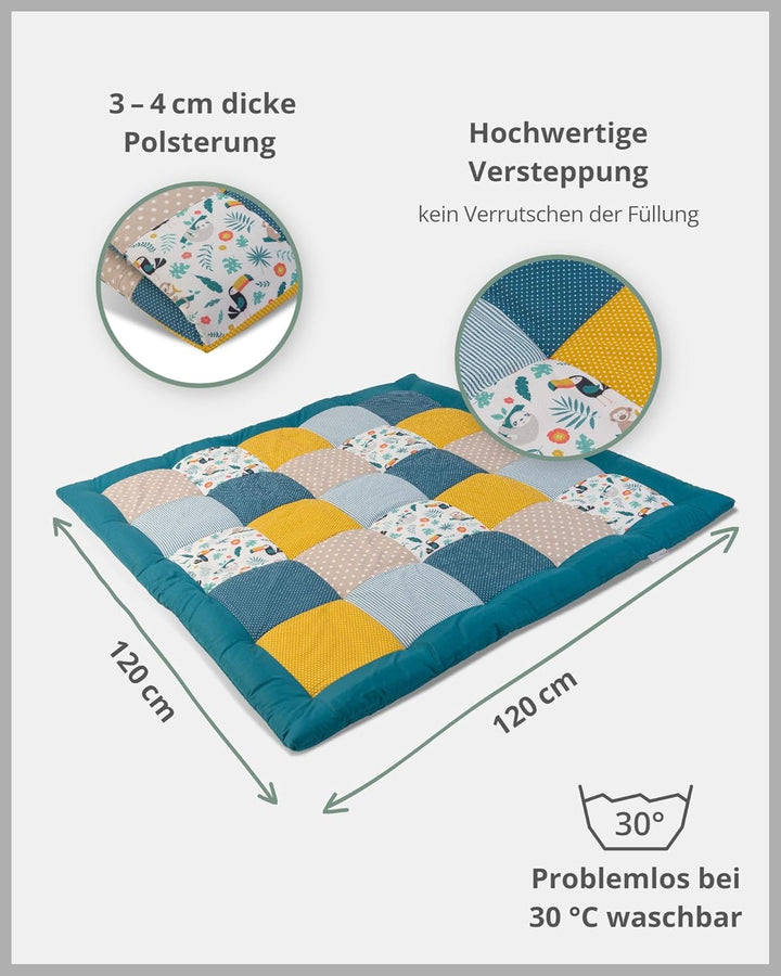 ULLENBOOM ® Baby Krabbeldecke 120x120 cm gepolstert Dschungel (Made in EU) - Krabbeldecke für Baby m