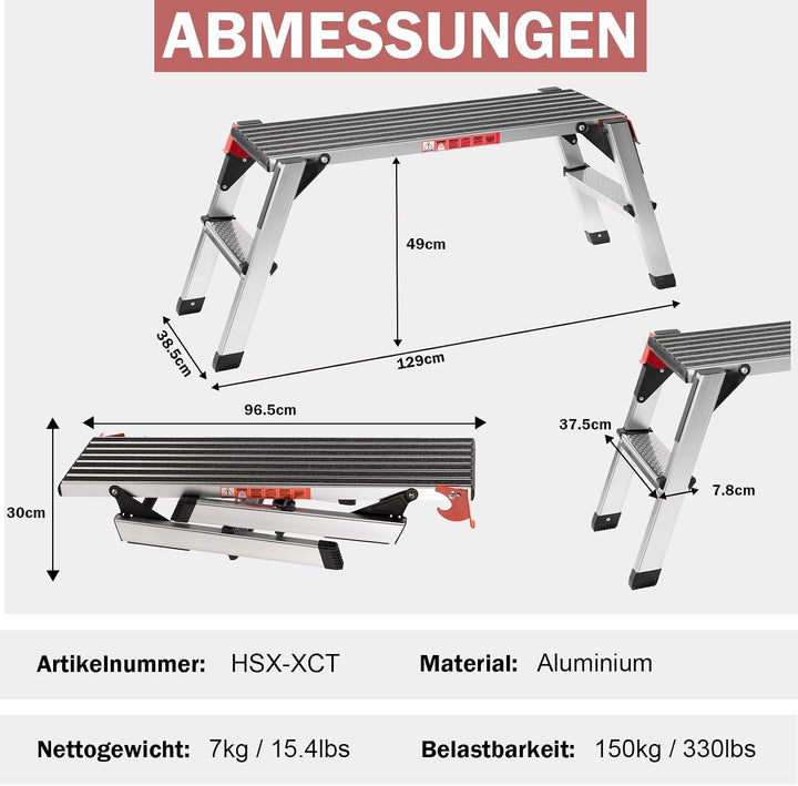 XinSunho Alu Arbeitsplattform, Klappbar Arbeitsbühne bis 150 kg, Arbeitstritt mit Sicherheitsschlöss