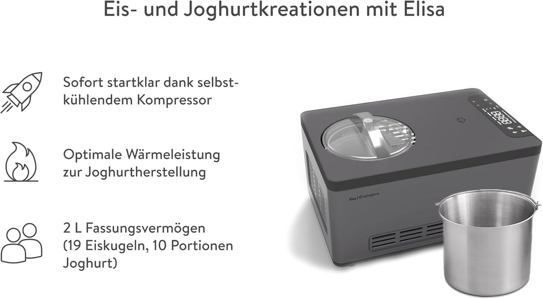SPRINGLANE Eismaschine & Joghurtbereiter Elisa 2,0 L mit selbstkühlendem Kompressor 220 W, aus Edels