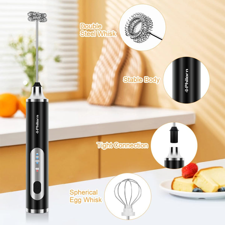 Philorn Milchaufschäumer Stab, Milchaufschäumer Elektrisch Stab Hand Held, 3-Gang USB-C Aufladbar Au