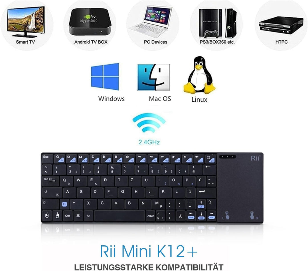 Rii 2.4G Kabellose Tastatur mit Touchpad, Wireless Keyboard, Deutsche QWERTZ-Layout, Tastatur Kabell