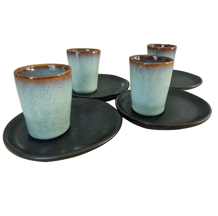 PintoCer - Espresso Kaffeetassen aus weissem Steingut, ohne Griff mit brauner Untertasse (Schwarz/Bl