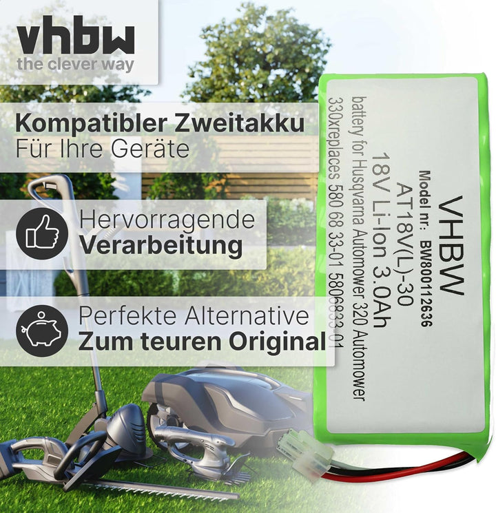 vhbw 2X Akku kompatibel mit Husqvarna Automower 320, 420 bis BJ 2019/2020, 330X Rasenroboter (3000mA