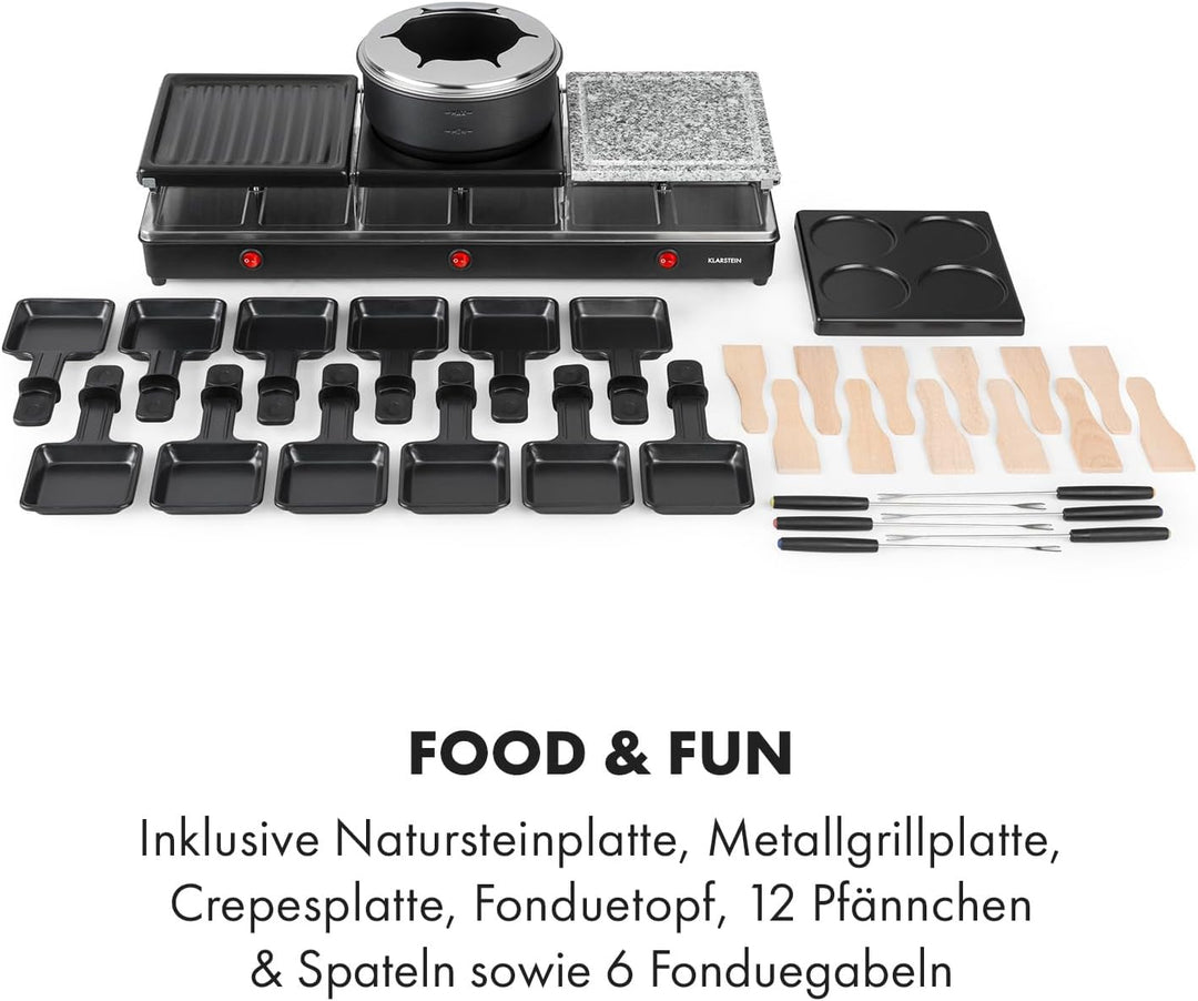 Klarstein Fonduelette XL - 3-in-1 Raclette-Grill & Fondue, 1650 Watt, 3-in-1 Grill: Metall- /Naturst