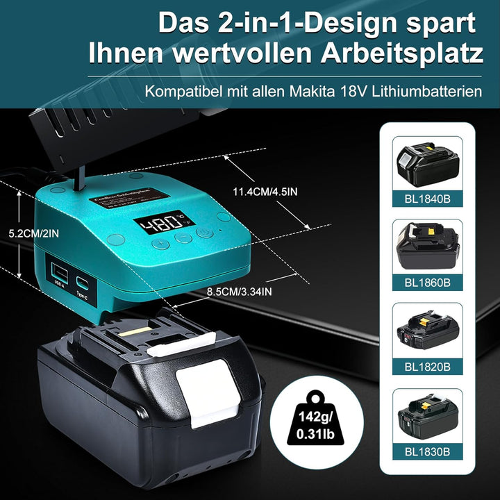 Akku Lötkolben Set kompatibel mit Makita 18V Akku, tragbarer Lötkolben mit USB und Typ-C, einstellba
