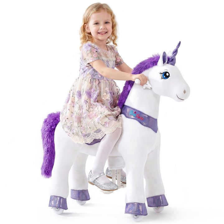 PonyCycle® Einhorn Reitpferd | für Kinder 4–7 Jahre, 90cm | Lila Plüsch Schaukelpferd auf Rollen mit