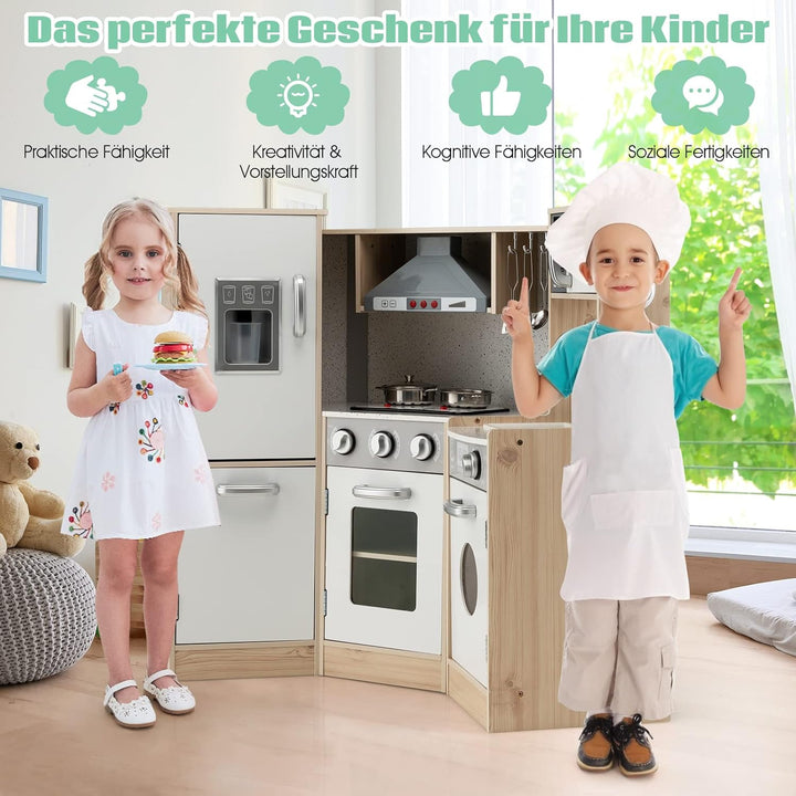 COSTWAY Kinderküche mit zubehör, Spielküche Holz mit Licht & Sound, Eckküche Kinder inkl. Spüle Ofen