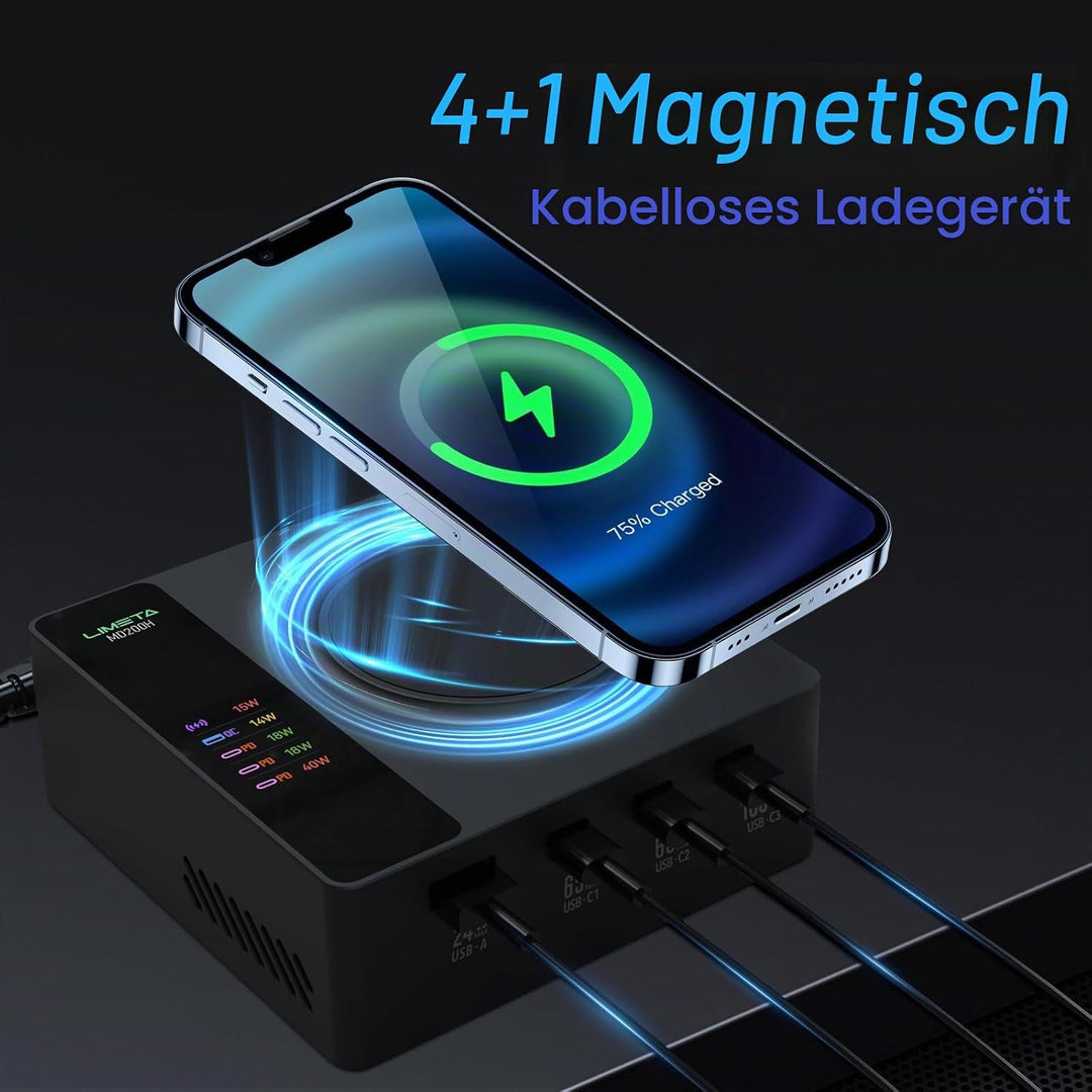 LIMETA 5-Port Ladegerät USB C Schnellladegerät PD3.0 Kabellos Magnetisch Induktive Handy Ladestation