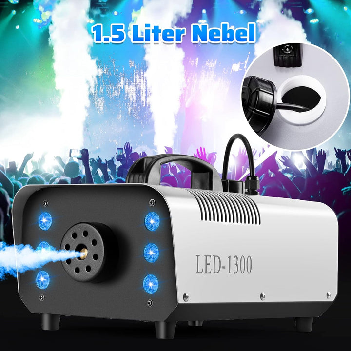 1300 Nebelmaschine mit RGB Effekt,13 Farbigen 6 LED Licht Smoke Machine,Mini Fog Rauchmaschine mit 2