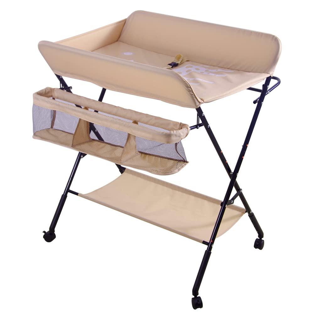 OHMG Baby Wickelkombi Klappbare Wickelkommode,Wickeltisch mit Rollen,Mobiler Wickeltisch mit Wickela