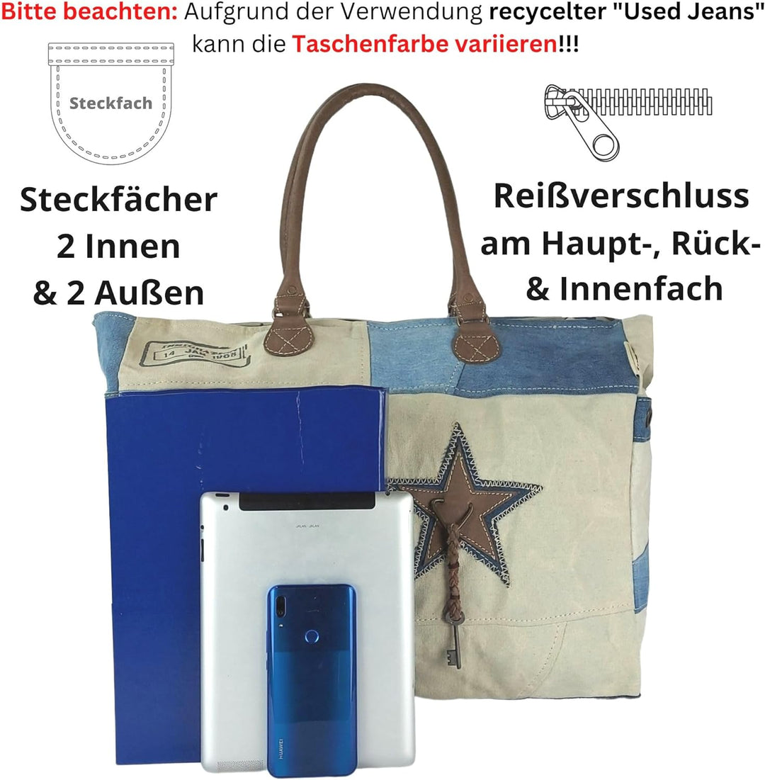 Sunsa Damen Handtasche. XXL Tasche aus Canvas recycelte Jeans & Leder. Nachhaltige Strandtasche/Week