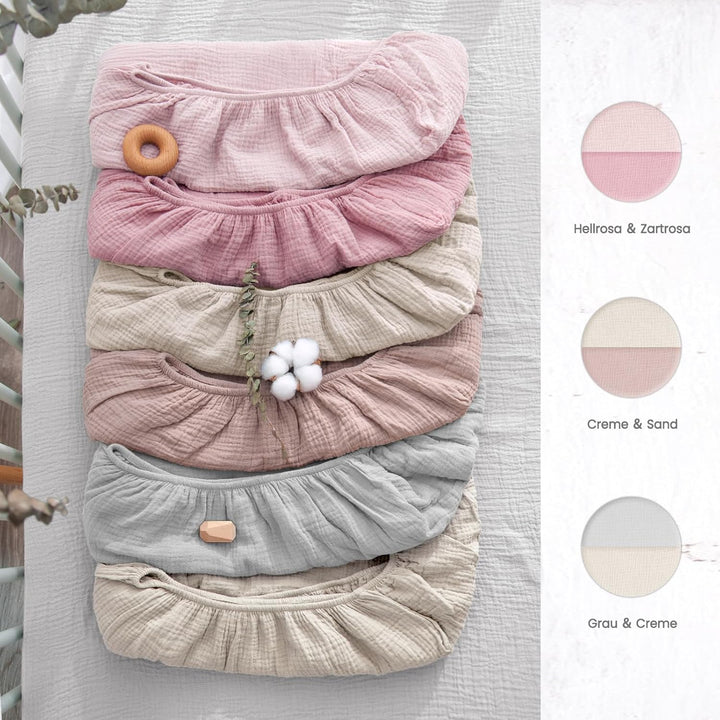 lulumoon Musselin Kinderbett Spannbettlaken Set: Weiches & Atmungsaktives Spannbetttuch für Reisebet