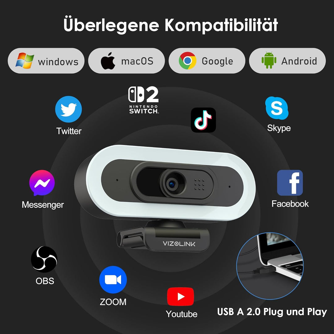 VIZOLINK W4LS Webcam HD 2K/1080P mit Ring-Beleuchtung, Autofokus, Klarer Stereo-Mikrofone, Lichtkorr