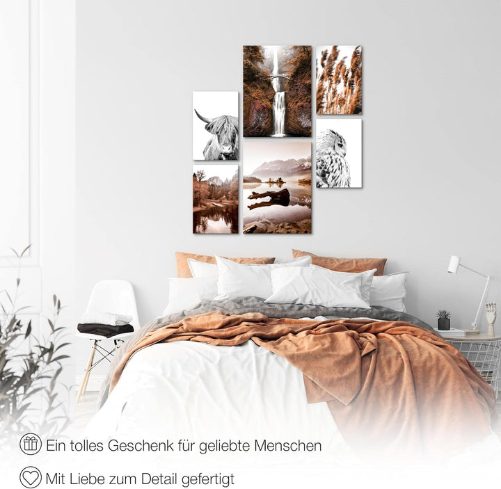 Novart Bilder Set - AUFHÄNGFERTIG - KEIN EXTRA RAHMEN BENÖTIGT - Natur Berge See Modern Orange Braun