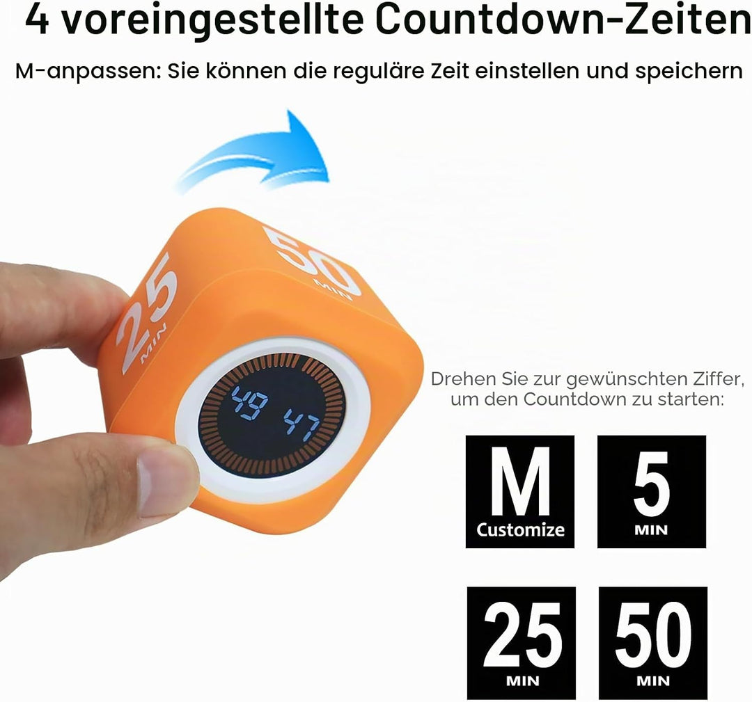 Drehbarer Würfel, visueller Timer, 5, 25, 10, 50 Minuten voreingestellt + benutzerdefinierter Countd