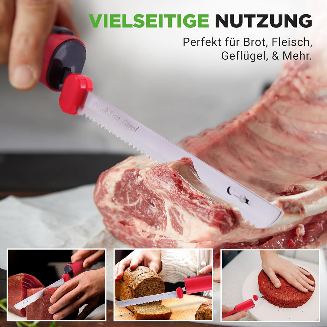 NutriChef Elektrisches Küchenmesser – Akku-Messer mit Edelstahlklingen, USB-C, Rot Für Truthahn, Fle