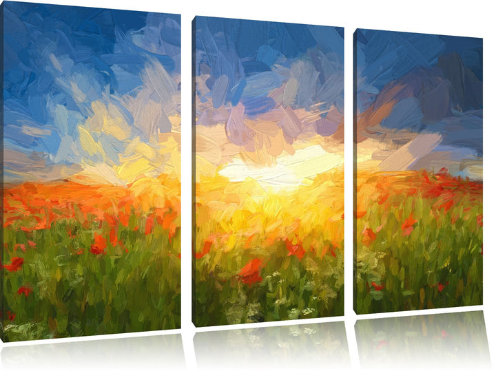 Pixxprint Blühende Mohnwiese in der Sonne Pinsel Effekt 3-Teiler Leinwandbild 120x80 Bild auf Leinwa