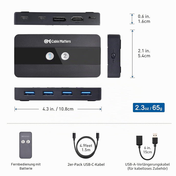 Cable Matters Dual 4K 60Hz USB C KVM Switch 2 Monitore/KVM Switch Displayport, HDMI & 4x USB 3.0 - F