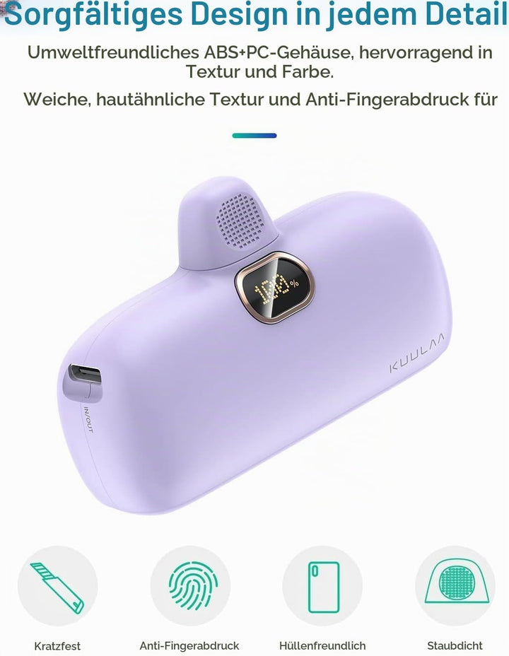 Kuulaa Mini Powerbank 5000mAh, Klein Power Bank USB C 20W PD Externer Akku, Compact LED Digitalanzei