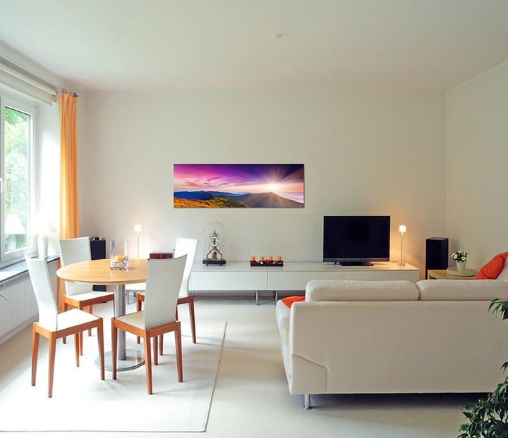 Paul Sinus Art Panoramabild auf Leinwand und Keilrahmen 150x50cm Blumenwiese Ukraine Berge Abendsonn