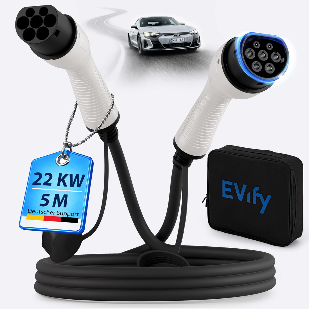 EVify Typ 2 Ladekabel 22kW 5M 32A für Elektroauto & Hybrid inkl. Kabeltasche • Kabel 3 phasig für EV