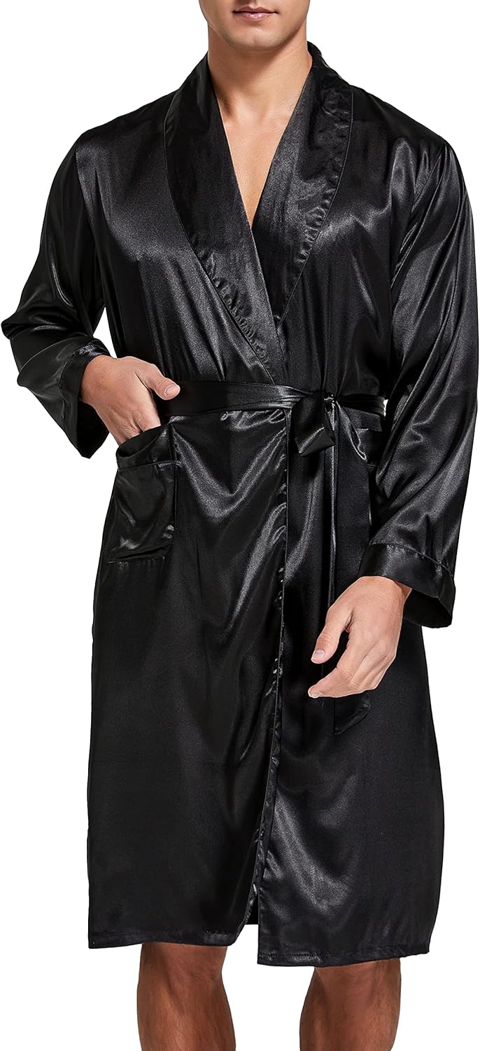 Herren Satin Bademantel, Leichter Seiden Langarm Bademantel mit Shorts Set, Spa Kimono Nachtwäsche M