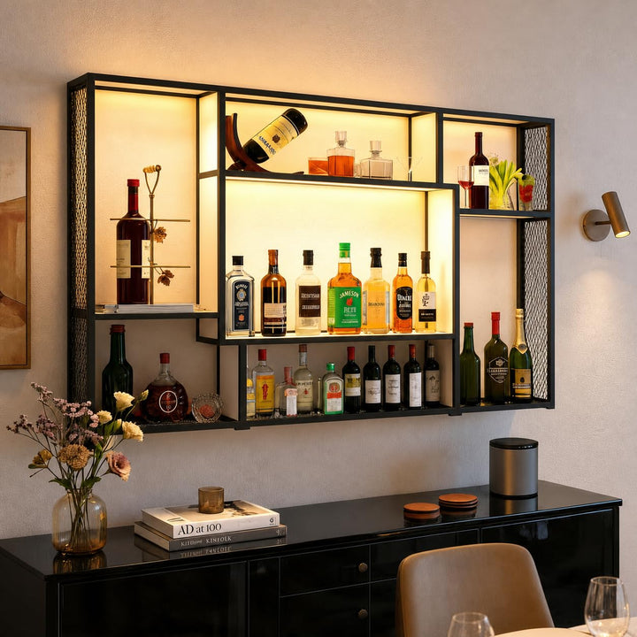YOURLITE Weinregal Wand,Moderne Metall Bar Regale,mit LED-Licht,Holz,Weiss | Weinregale Display Rack