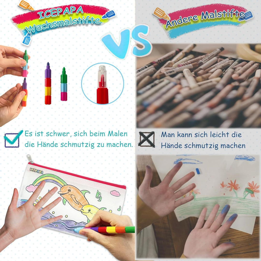 ICEPAPA, 12 Federmäppchen zum Bemalen für Kinder und 12 Wachsmalstifte Stapelbar (12 Farben in 1), P