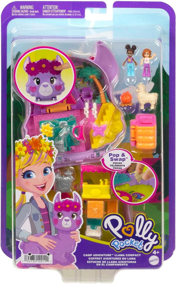 Polly Pocket Camp Abenteuer - Lama Schatulle Spielset mit 2 Puppen, 5 Spielelementen, 13 Accessoires