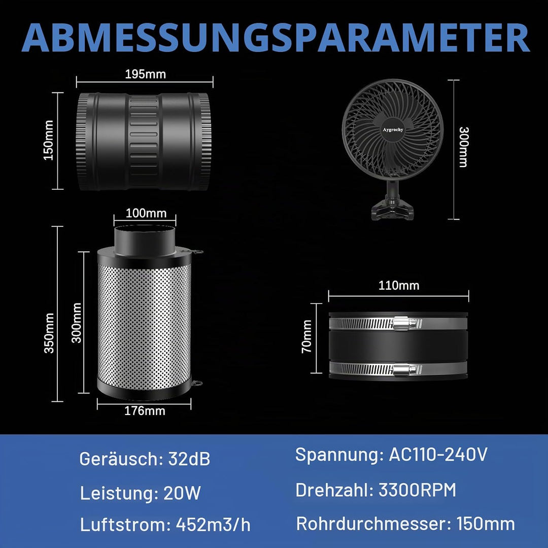 150mm Abluftset,Inline Rohrventilator,Lüftungsset mit Clip-On-Ventilator, Thermo-Hygrometer Aktivkoh