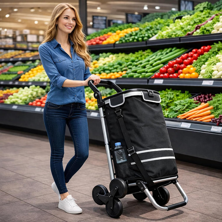 Faltbarer Aluminium Einkaufstrolley 57L (48L + 9L Kühlfach) Schwarz, 50kg Traglast, 35x45x98cm, Eva