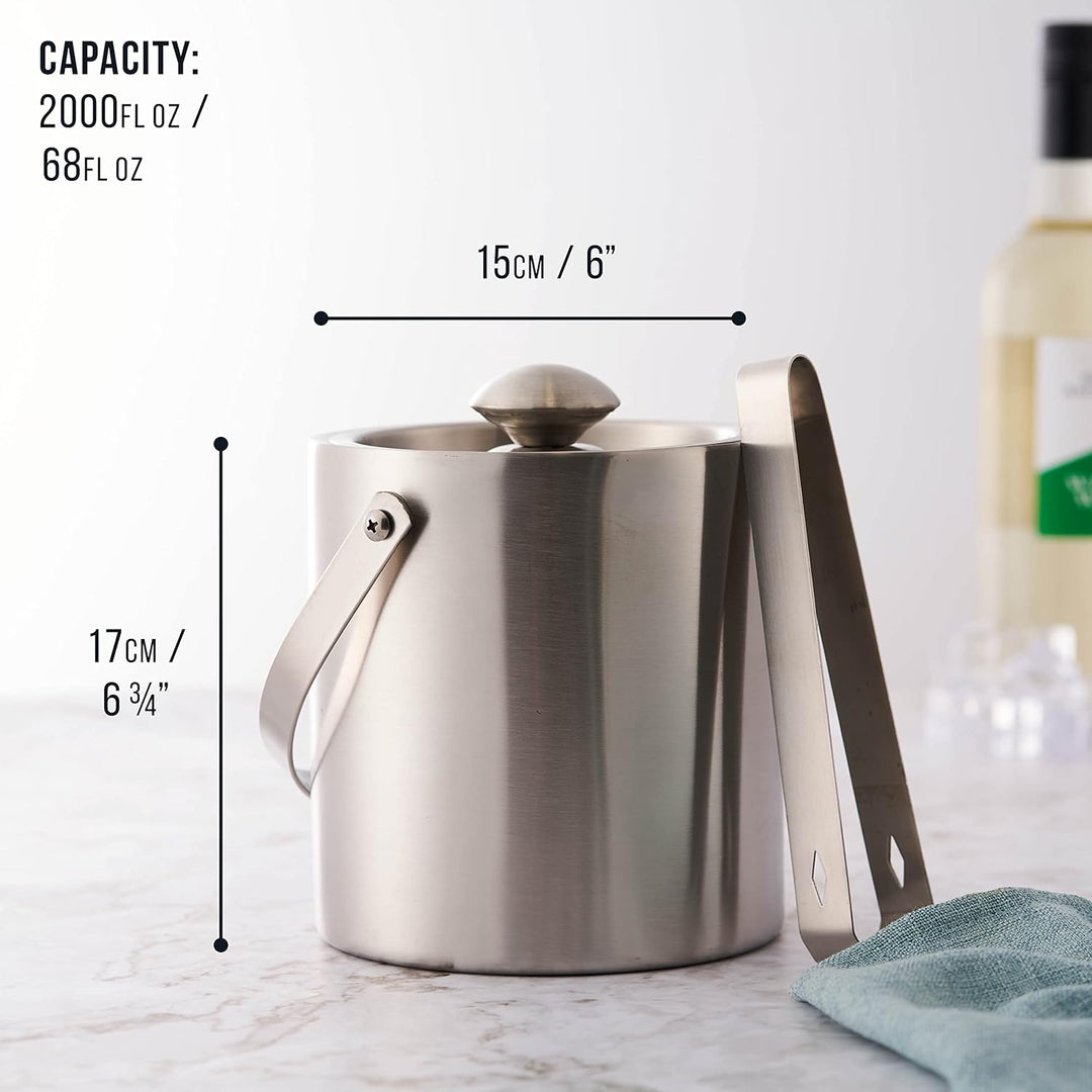 Oak & Steel - Doppelwandiger Edelstahl-Eiskübel mit Deckel und Zange (gross 2L) - Eleganter Eiskübel