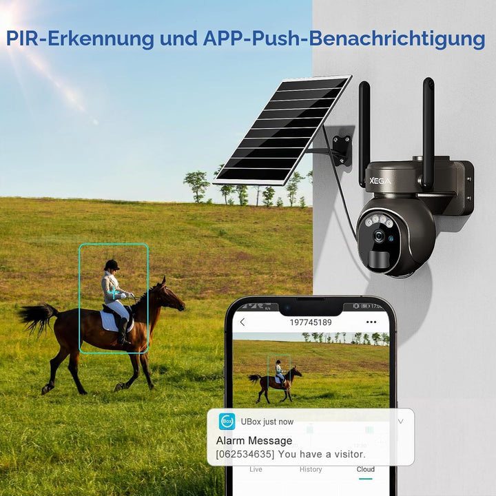 Xega 4G LTE Überwachungskamera Aussen Solar mit SIM Karte - 2K HD 3MP PTZ Kabellos Kamera Ohne WLAN