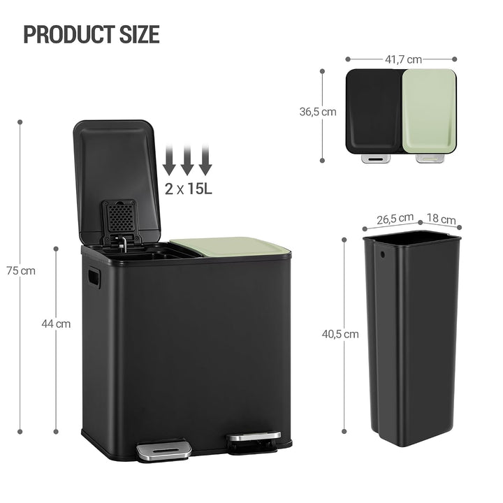 Hzuaneri Mülleimer Küche, 2 x 15 L, Mülltrennsystem 2 Fächer, Mülleimer mit Farbigem Soft-Close-Deck