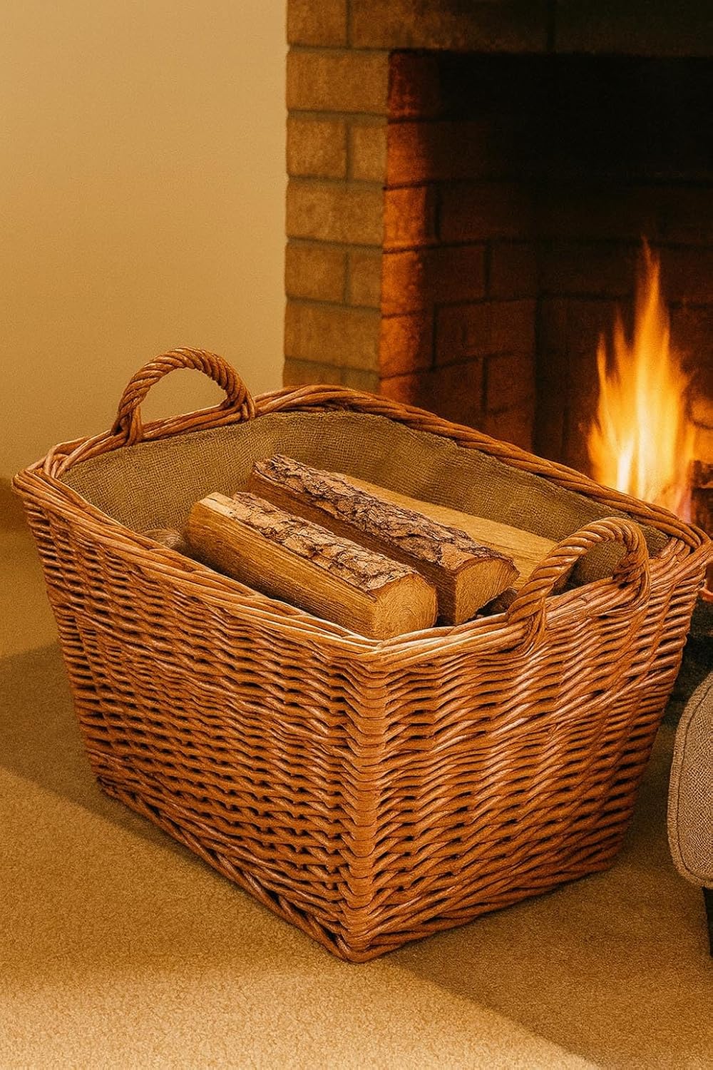 Kobolo Kaminholzkorb Weidenkorb Holzkorb aus gekochter Weide mit Leinenfutter