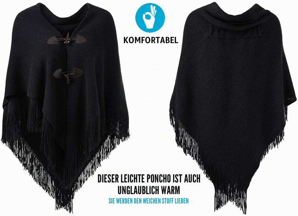 Ferand Damen Poncho Locker sitzender Cape Schal mit offener Vorderseite für Herbst und Winter Schwar