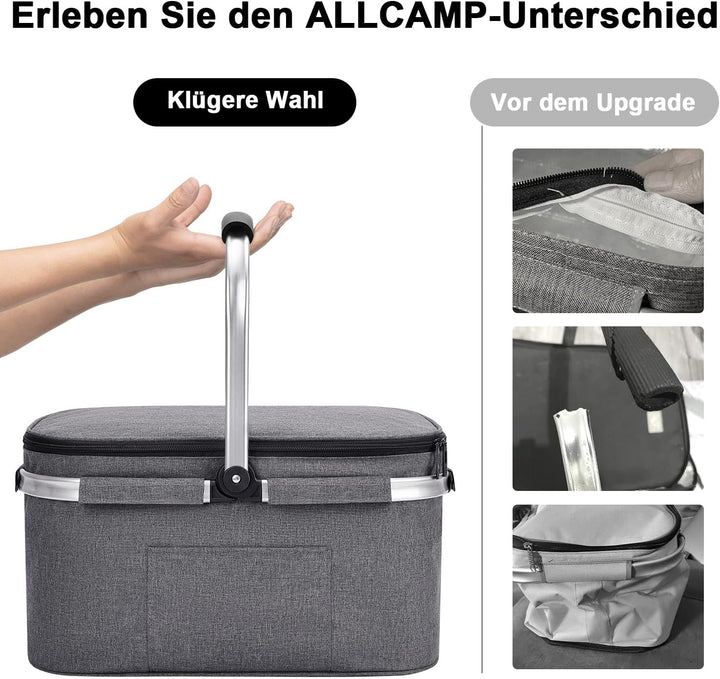 ALLCAMP Gross Faltbar Isoliert Kühltasche - Einkaufskorb Thermo Mit Deckel, Abnehmbarer Picknickkorb