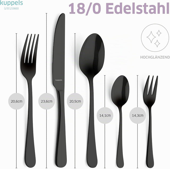 Kuppels Delia Besteck-Set 30-tlg, 6 Personen, PVD Edelstahl, Schwarz | Hochglanzpoliertes Set mit 6