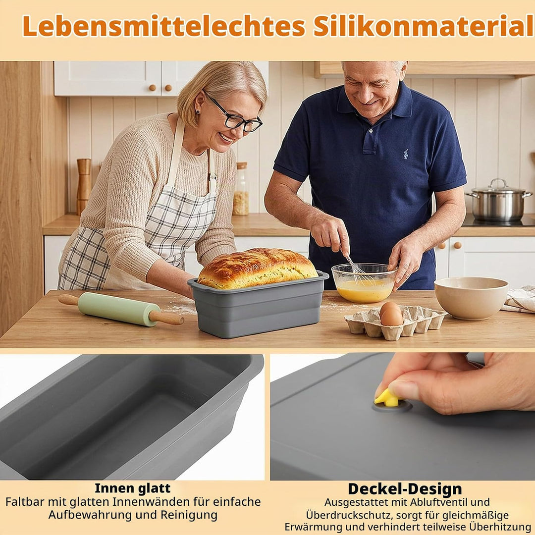 VINATO Faltbar Brotbackform Silikon mit Deckel, Brotbackform mit Metallverstärktem, Antihaft Hitzebe