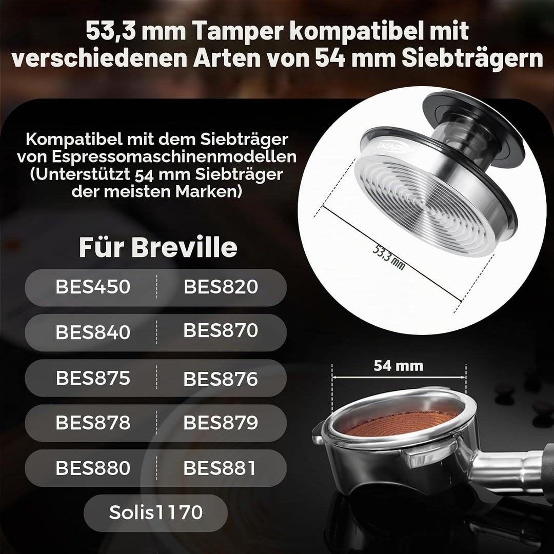 IKAPE 53 mm Espresso-Werkzeugset, schwarz, 8-in-1: Kaffeetamper, Verteiler, Magnettrichter, Kaffeepu